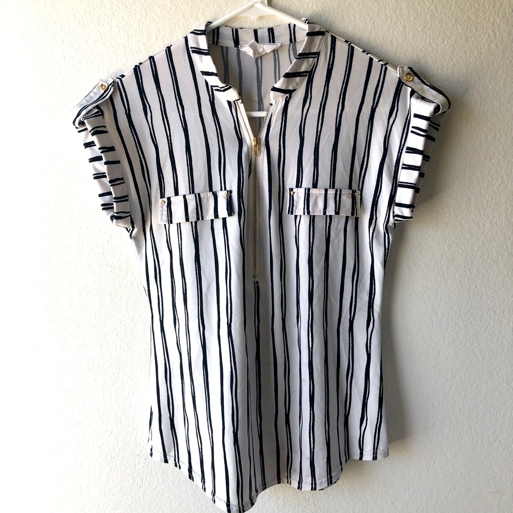 The Workshop Striped Black & White Zip Blouse